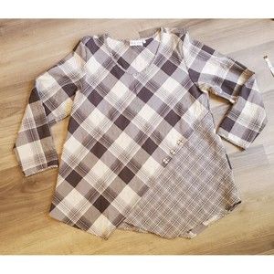 Habitat Clothes Womens Long Sleeve Plaid V Neck Blouse Lagenlook Sz L
